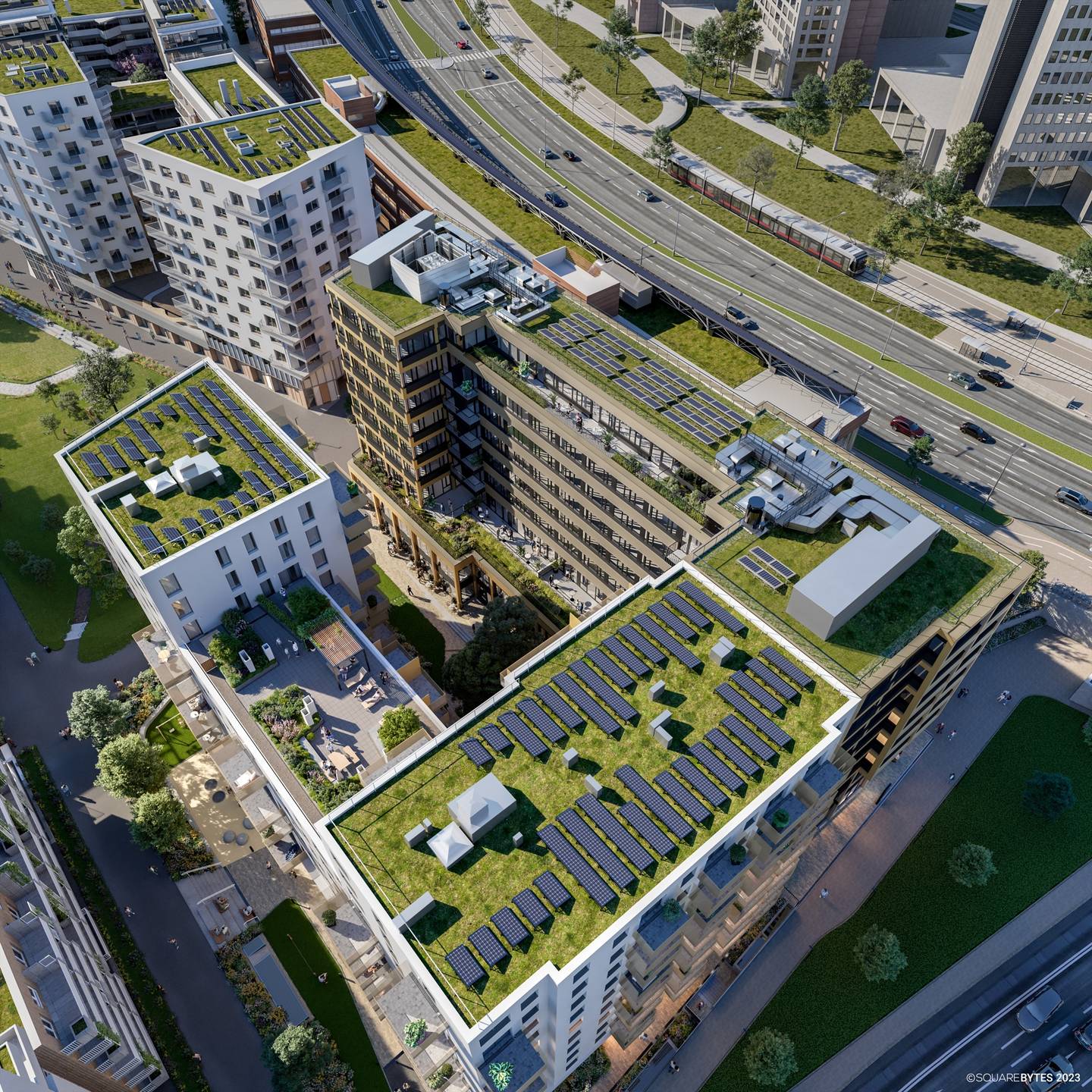 Office building with rooftop terrace and photovoltaics