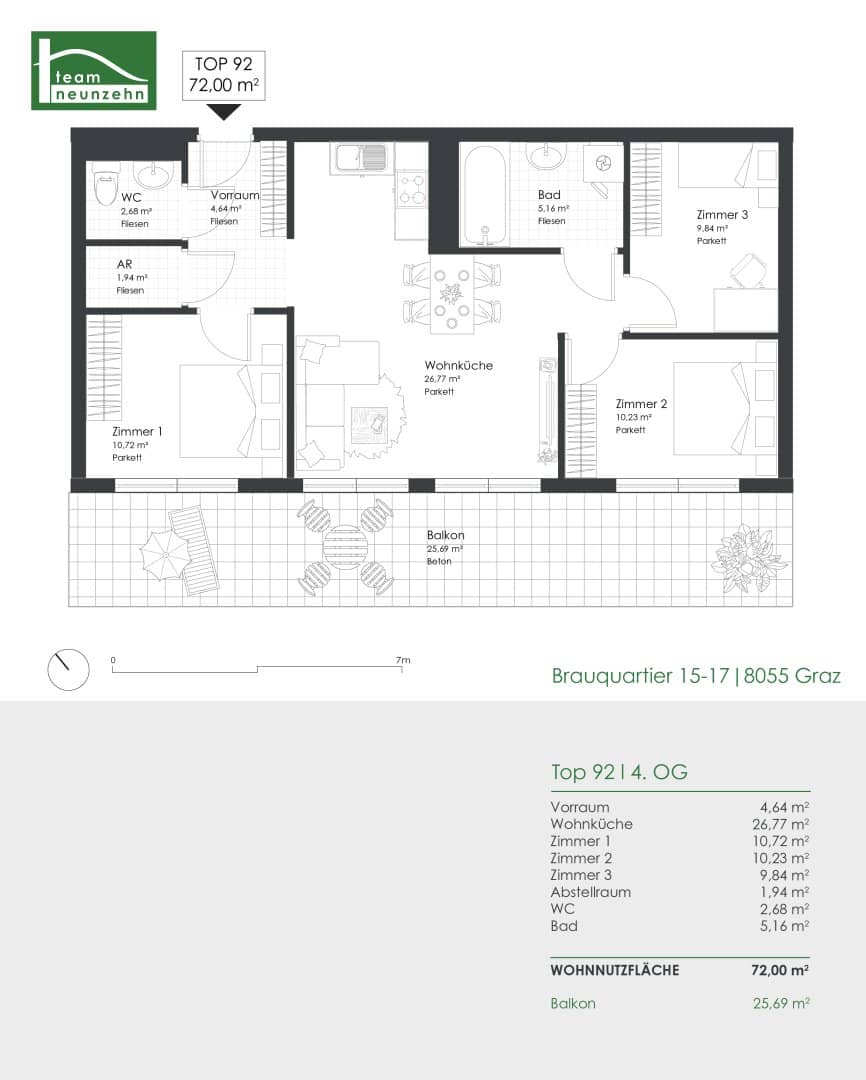Vier Zimmer Wohnung mit Balkon im Brauquartier Puntigam