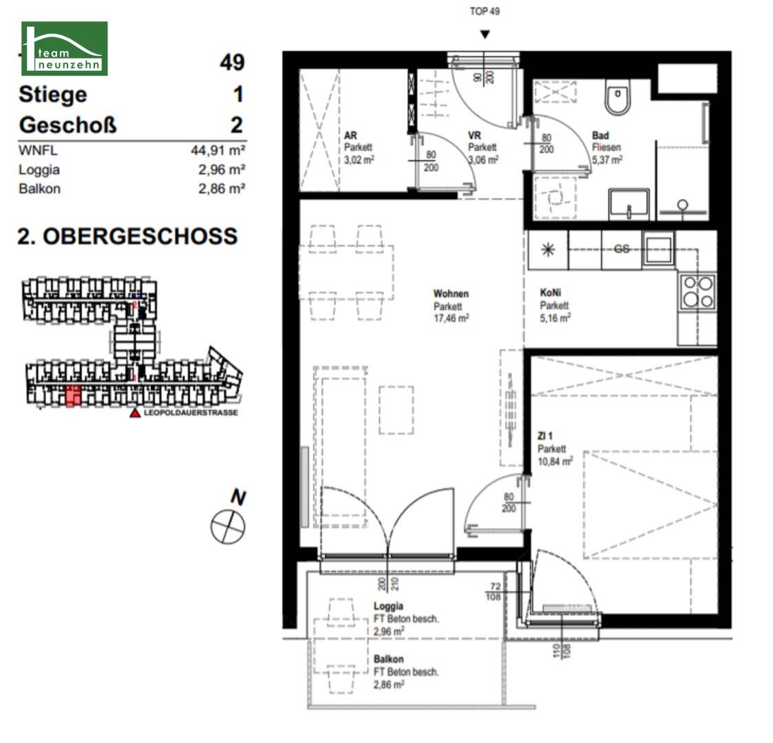 New build apartment with loggia balcony and south orientation in Leopoldau