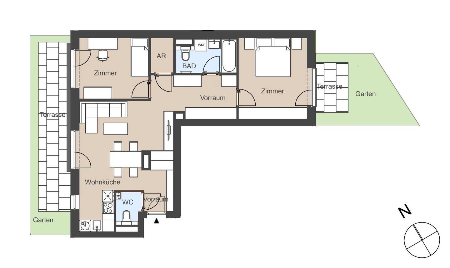 Ground floor apartment with garden and terrace in sunny southwest orientation