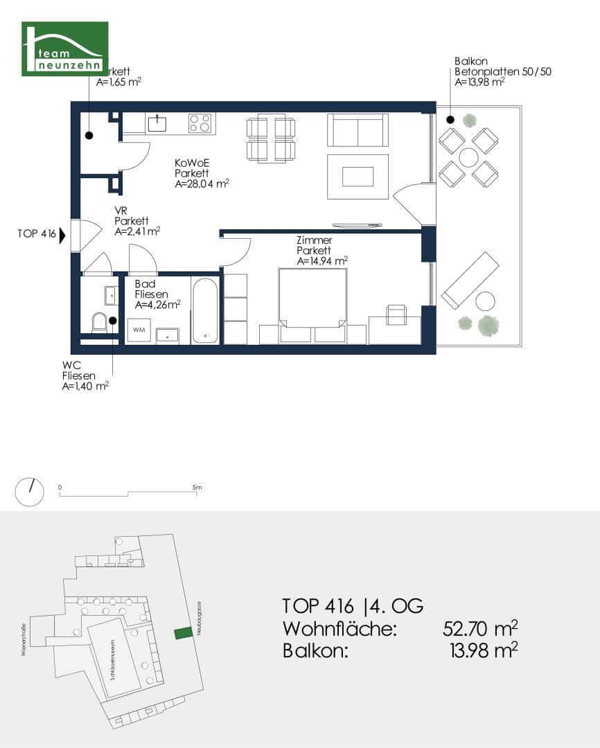 New build apartment with balcony and parquet in central location