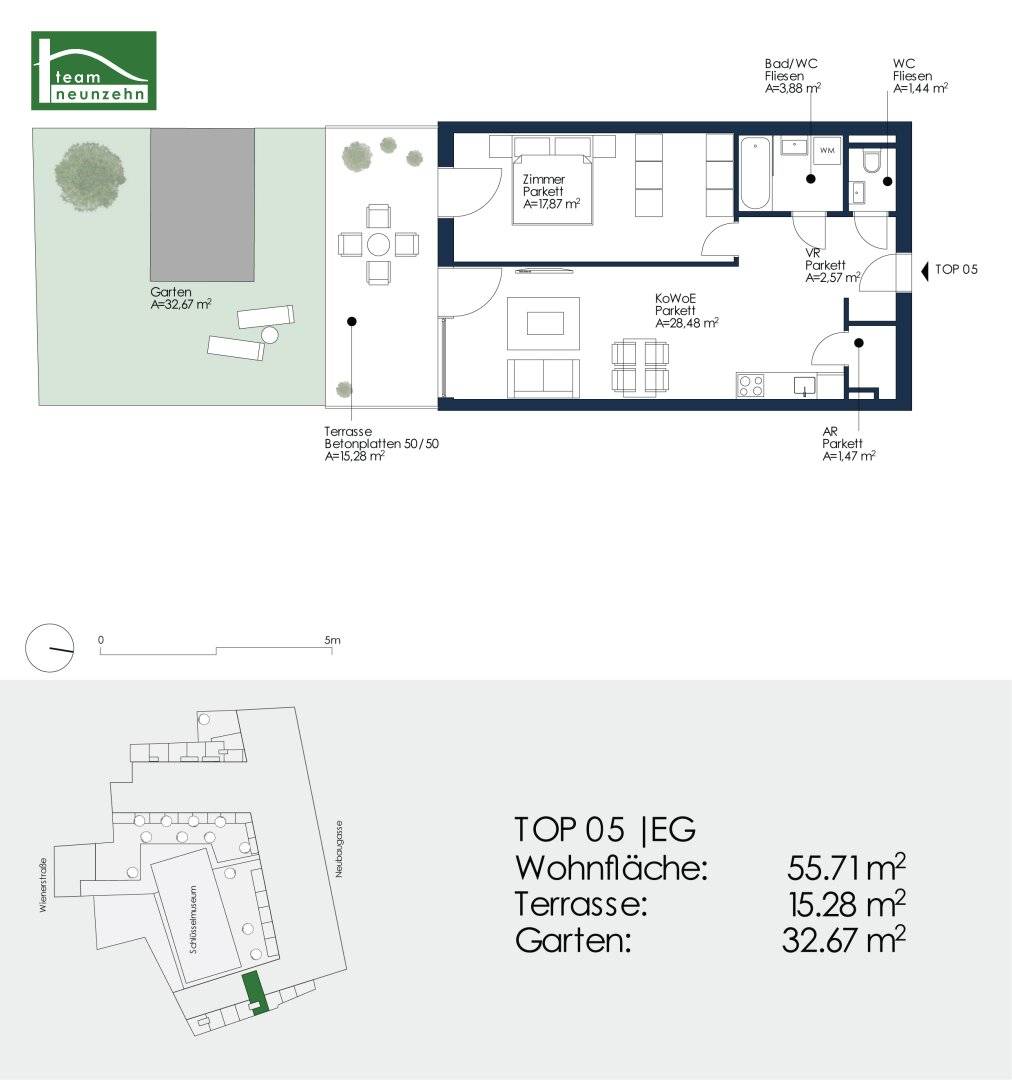 Ground floor apartment with garden and terrace in quiet courtyard setting