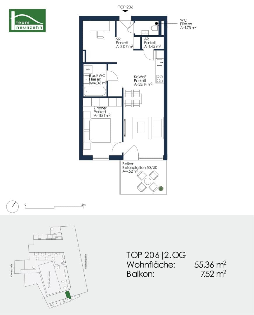 New build apartment with balcony in quiet courtyard setting