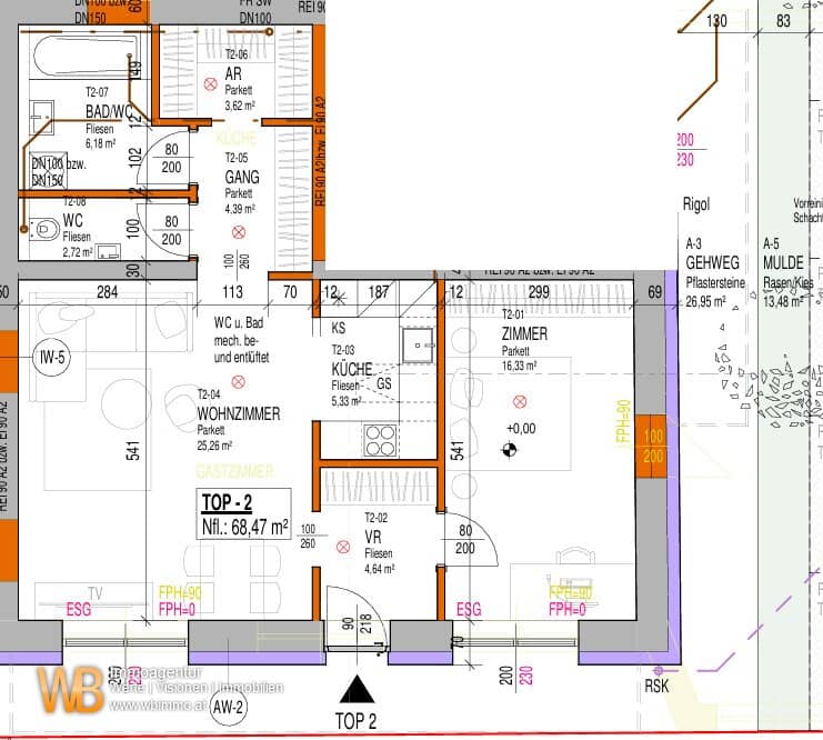 Erstbezug, 68m² WFL, 30m² Wohnküche, SZ, PKW-Stellplatz optional
