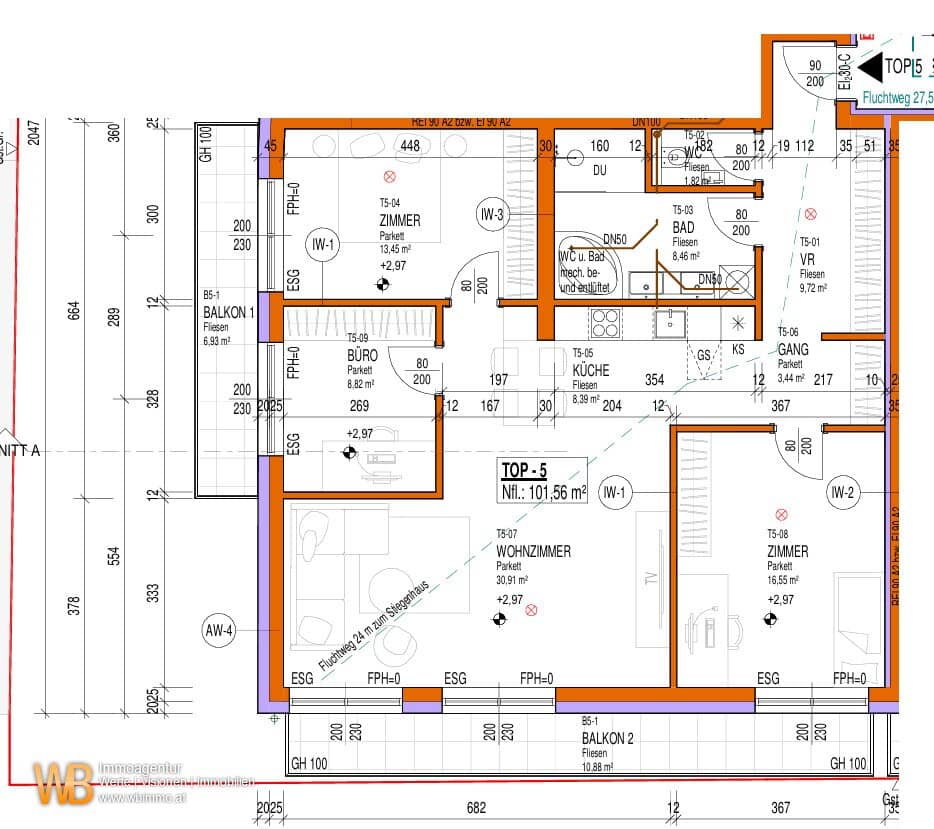 Erstbezug mit 101m² WFL + 2 Balkone 18m², 31m² Wohnküche &amp; Zi-16m²+13m²+9m², 60m² PKW-Stellplatz