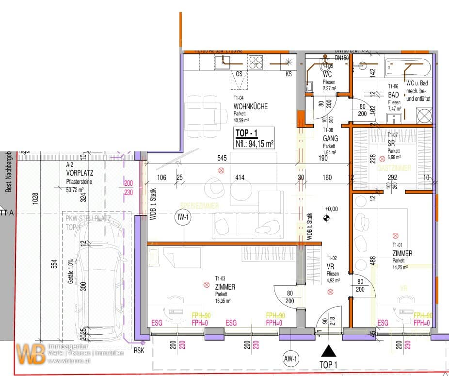 Erstbezug mit 94m² WFL, 40m² Wohnküche &amp; Zi-16m²+14m², 50m² PKW-Stellplatz