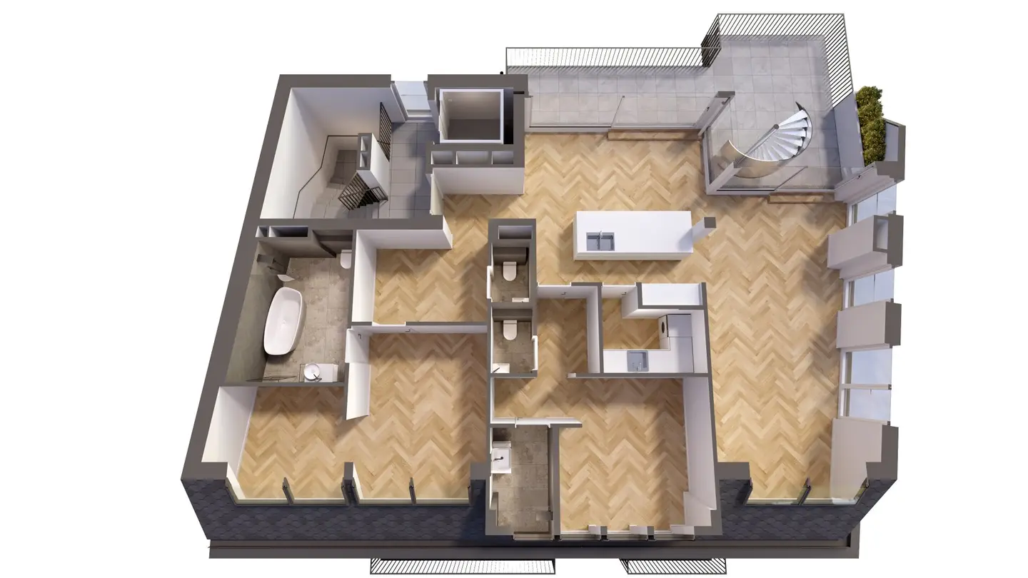 Exclusive penthouse | 360° view | 110 m² roof terrace | approx. 168 m² weighted usable floor area | 3 rooms | air conditioning