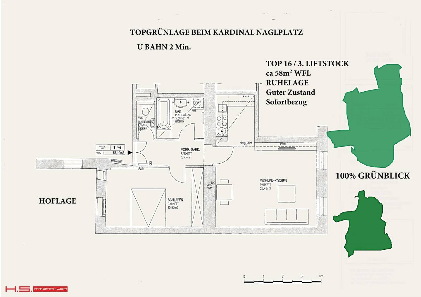 Top offer - green quiet location - Kardinal Nagl Platz - U3 - 3rd floor with elevator - renovated period building - 2 rooms + separate WC