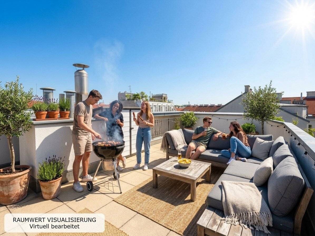 Penthouse feeling above the roofs of Vienna | Still tenanted | Built in 2004 | 3 rooms | approx. 77 m² living area | 52 m² terrace | balcony | garage | lift