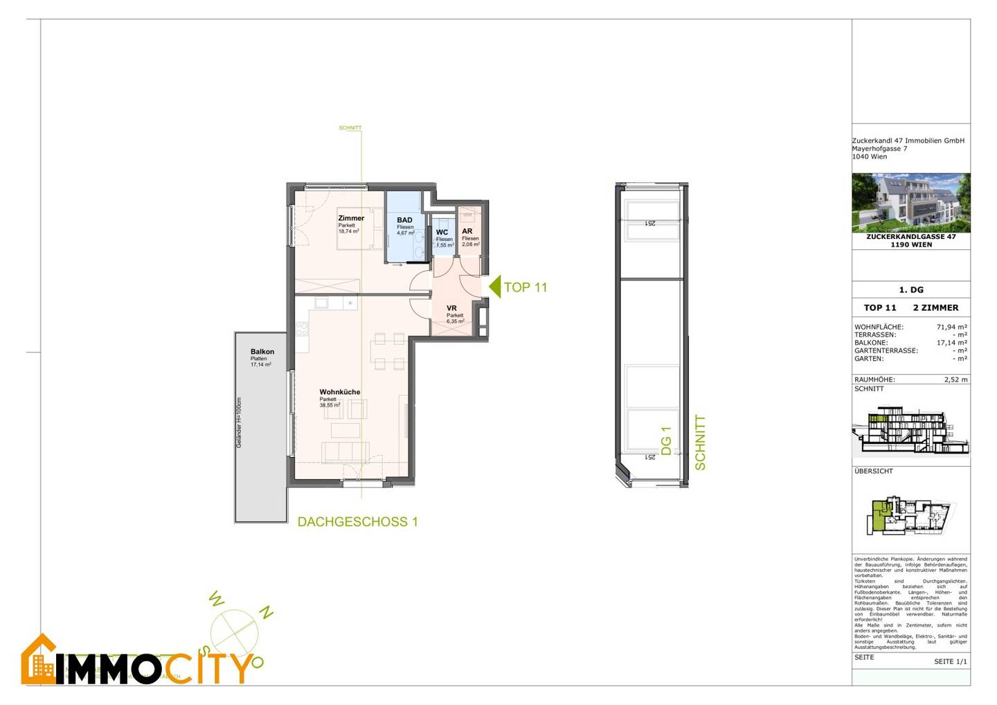 Sunny 2-room attic apartment with south-facing terrace (17 m²), first occupancy, bright with no sloped ceilings