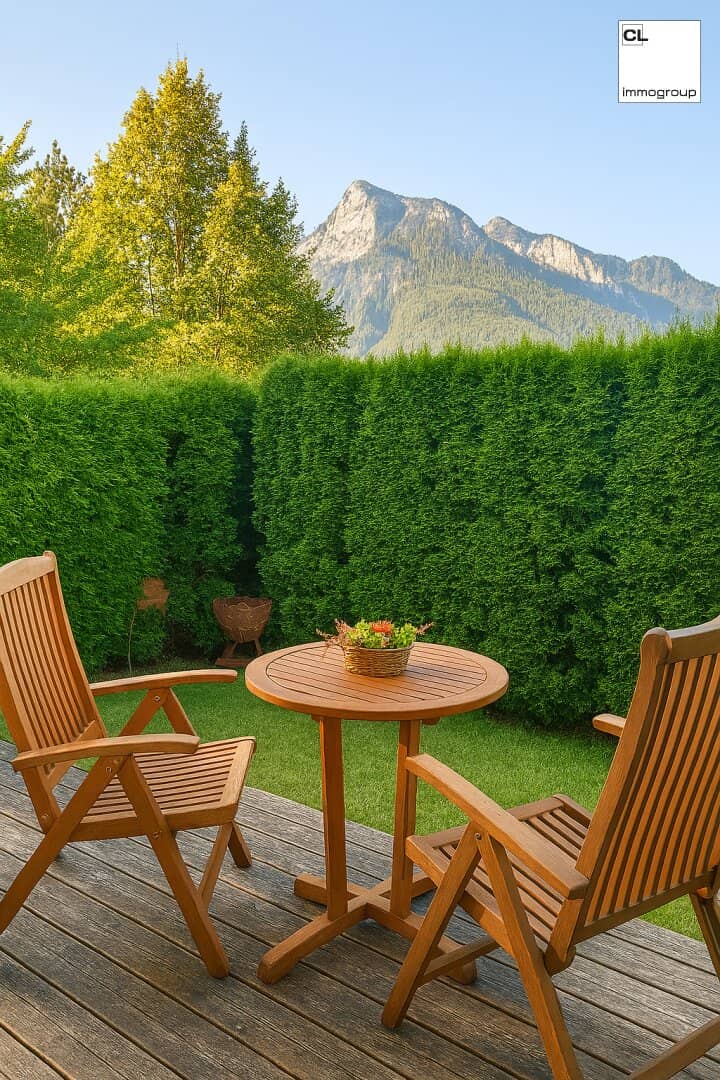 Dreamlike beautiful garden apartment in the southern part of the city of Salzburg, Leopoldskron, with terrace, Untersberg view; Carport + parking space