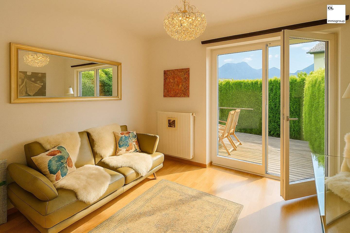 Dreamlike beautiful garden apartment in the southern part of the city of Salzburg, Leopoldskron, with terrace, Untersberg view; Carport + parking space