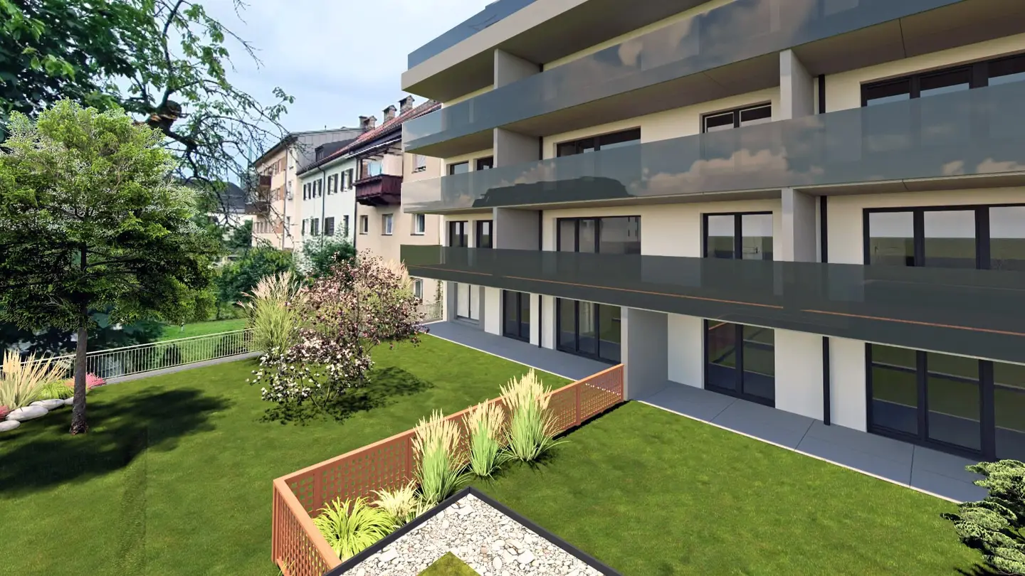Ansicht mit Gärten und Terrassen visualisiert, Wohnbau Pro20+ Kufstein