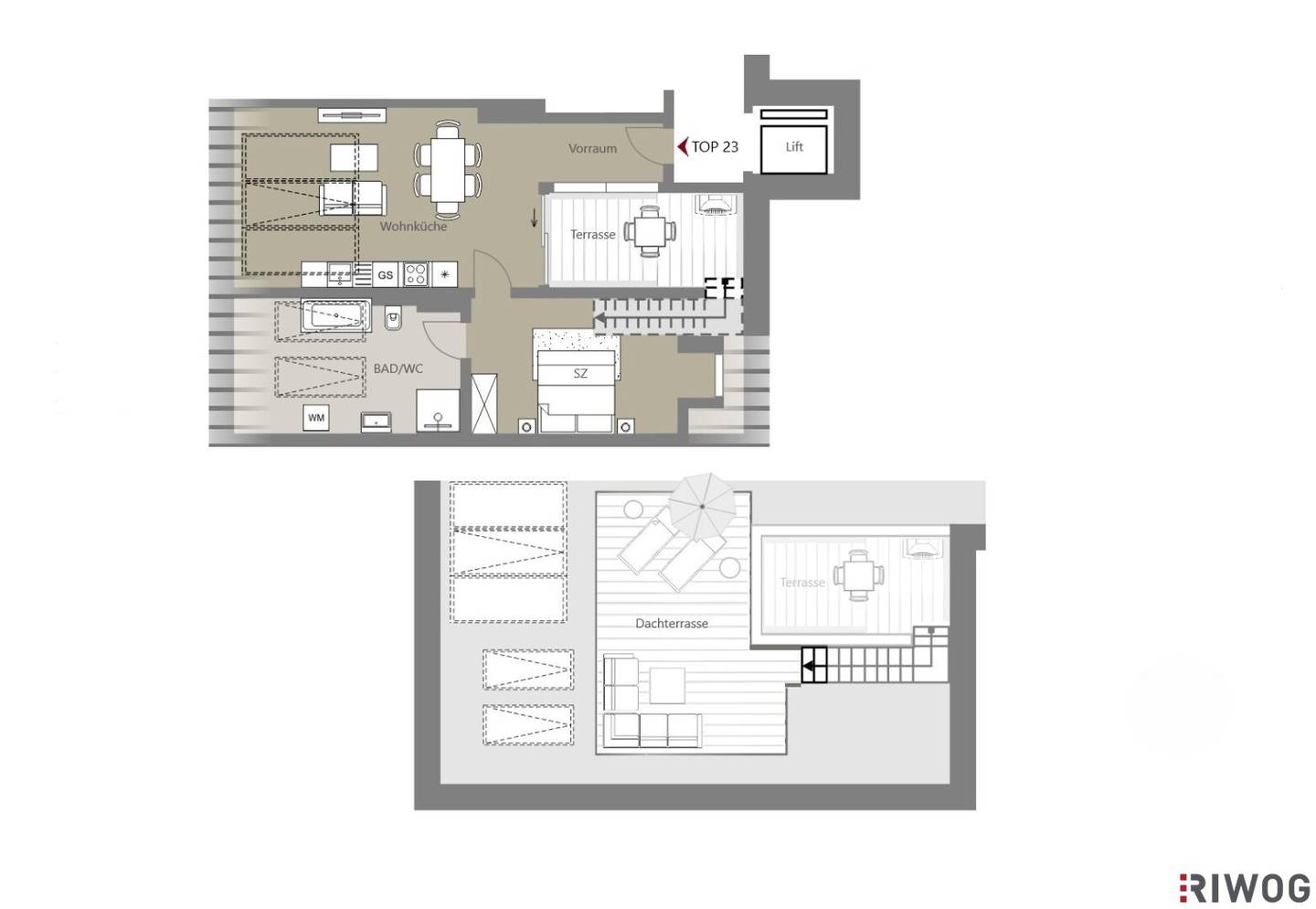 Air-conditioned attic apartment with a spacious roof terrace | air-source heat pump