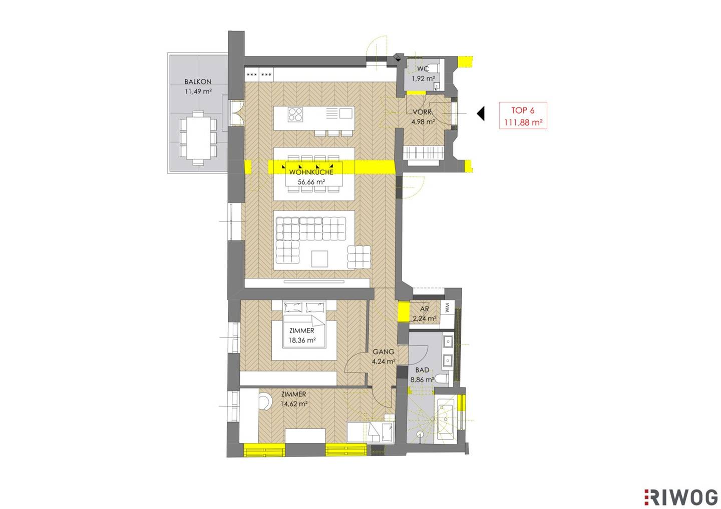 Generous living dining area with impressive ceiling height of 4.4 m in Villa Seutter | Renovation project with balcony option (approx. 11.96 m²)