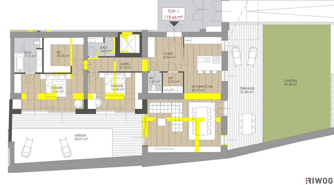 Historische Villa Seutter | sanierungsbedürftige 3 Zimmer-Gartenwohnung mit Atrium in Grünruhelage nähe U-Bahn | 4,40m Raumhöhe