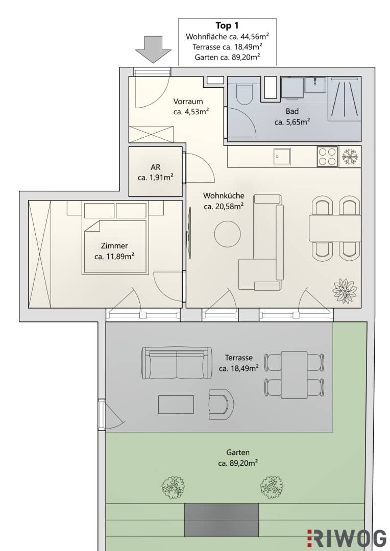 First occupancy after completion | 2-room garden apartment | south-facing | quiet inner courtyard | air-source heat pump | optional underground parking space