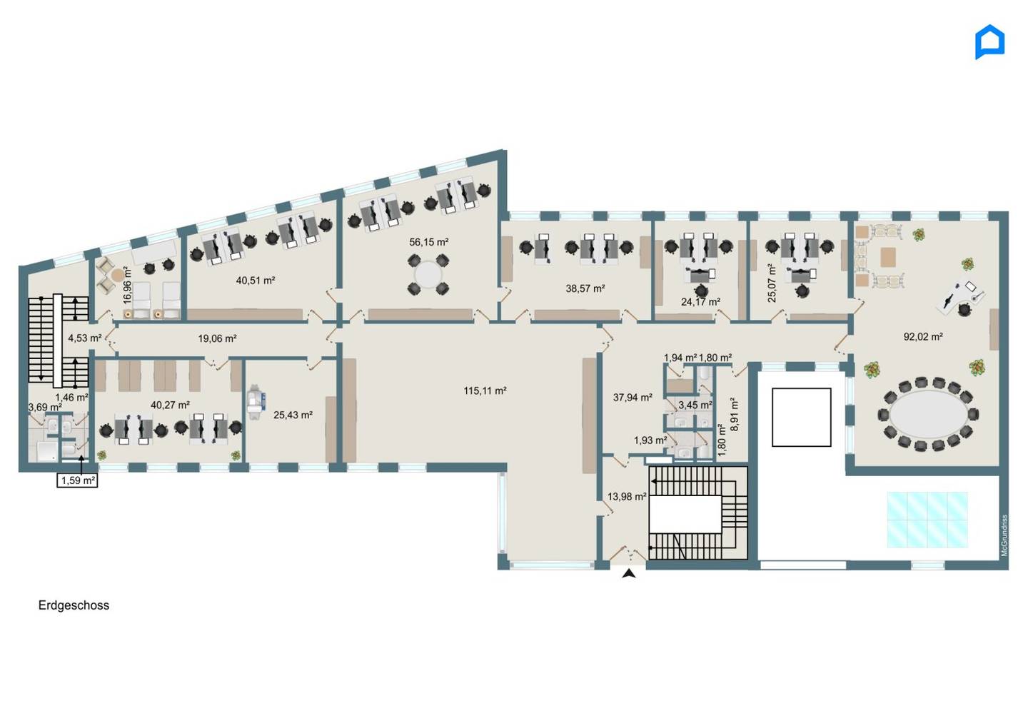 Modern office 545m² (or divisible into 2x270m²), fifteen to twenty rooms in total possible, kitchenette, toilets, optional parking spaces, optional basement