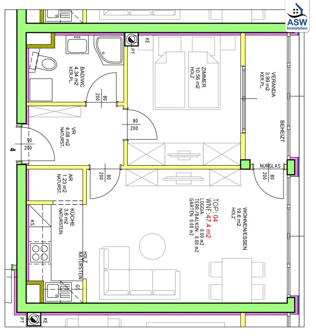 Great two room ground floor apartment with glazed veranda/loggia near the subway