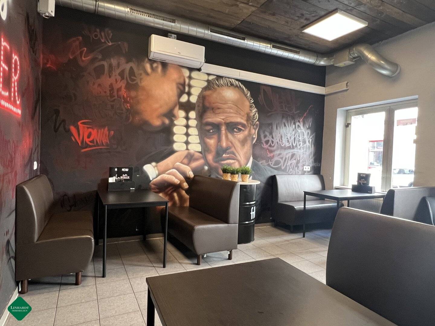 Burger shop with outdoor seating to let