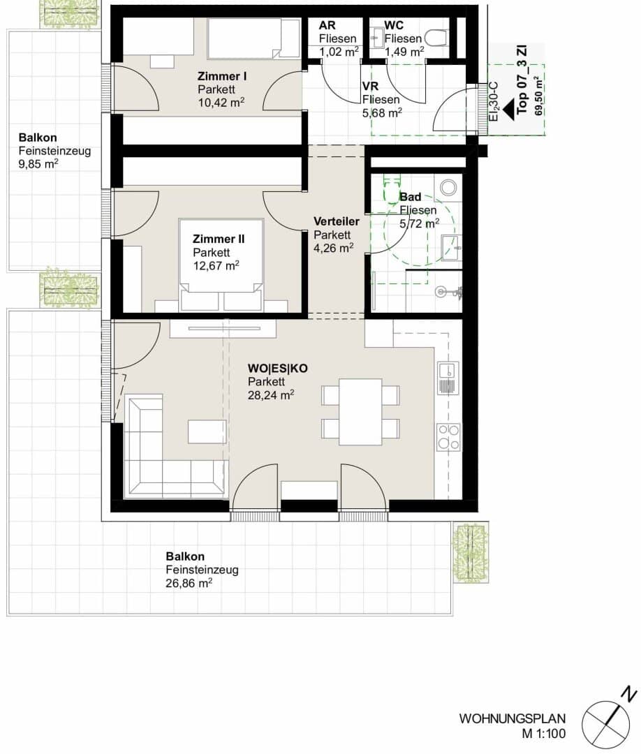 Quality of life and a sense of space: 3-room apartment with two generous balconies in Andritz