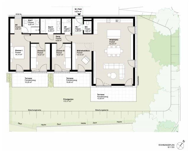 Quality of life across the board Generous five room garden apartment with versatile outdoor spaces