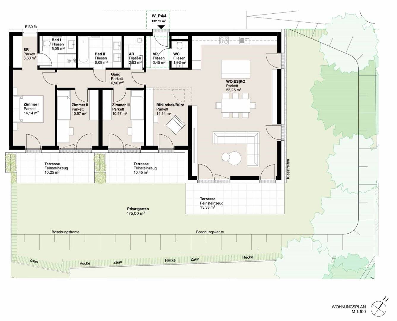 Quality of life across the board Generous five room garden apartment with versatile outdoor spaces
