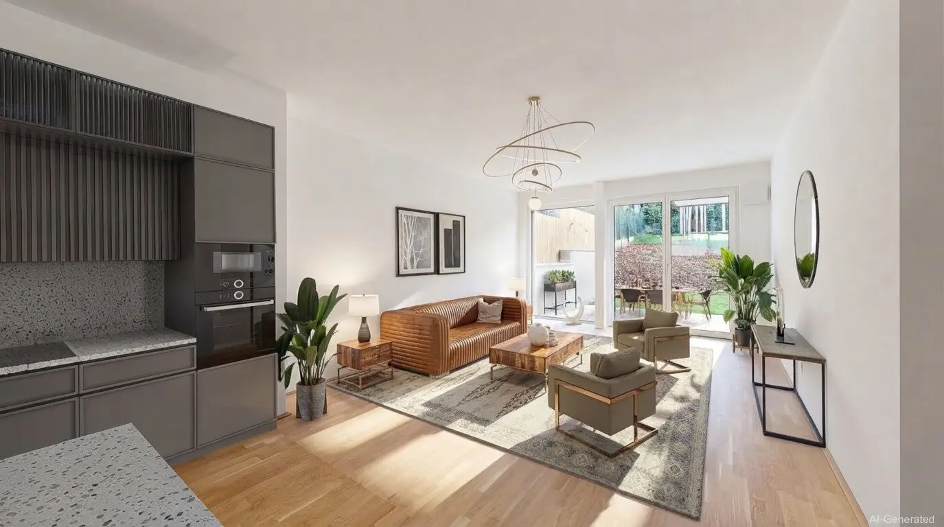 Large garden apartment at the foot of the Küniglberg commission free of charge? no, commission free? actually commission free in English should be just commission free? Wait, I should provide a clean string.