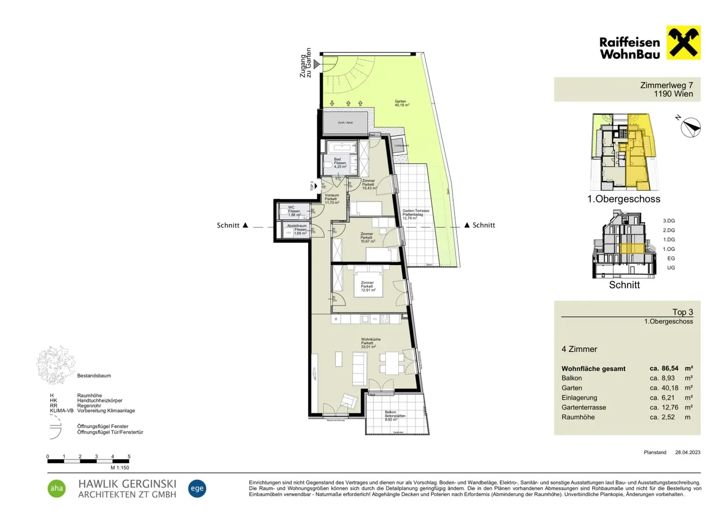 Exklusive 4-Zimmer -Wohnung Erstbezug in 1190 Wien mit zusätzlicher Gartenterrasse