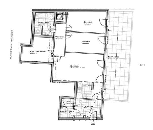 Open-ended lease, Hardtmuthgasse, 106 m2 new build with 41 m2 terrace, 4 rooms, kitchen, bathtub, parquet, quiet location