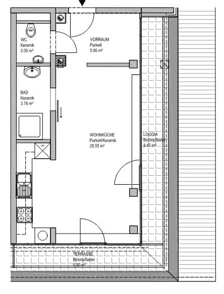 Top floor, Innstrasse, 49 m2 new build with 14 m2 loggia/terrace, 2 rooms, fully equipped kitchen, shower bathroom, parquet flooring? no we should not include question marks? i will fix to: Top floor, Innstrasse, 49 m2 new build with 14 m2 loggia/terrace, 2 rooms, fully equipped kitchen, shower bathroom, parquet flooring
