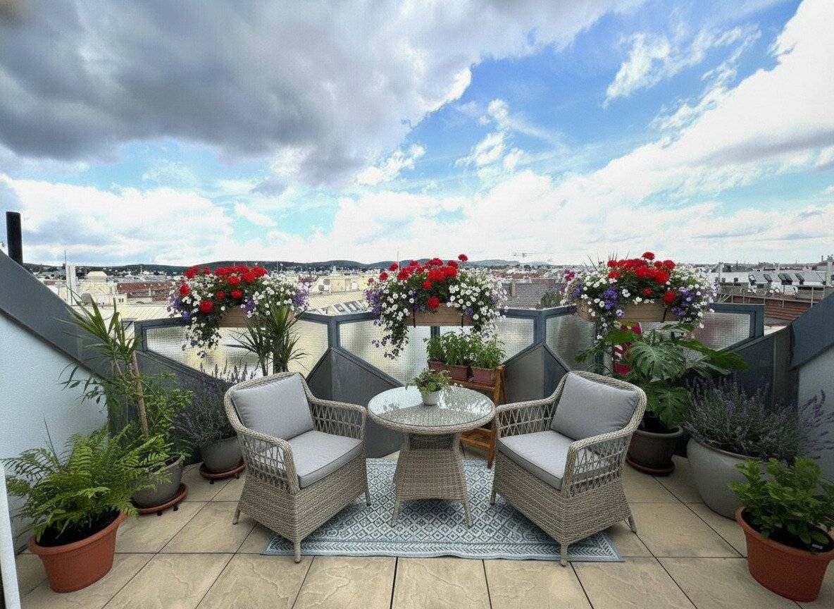 Charming attic apartment with balconies, terrace, garage spaces and distant view of Kahlenberg