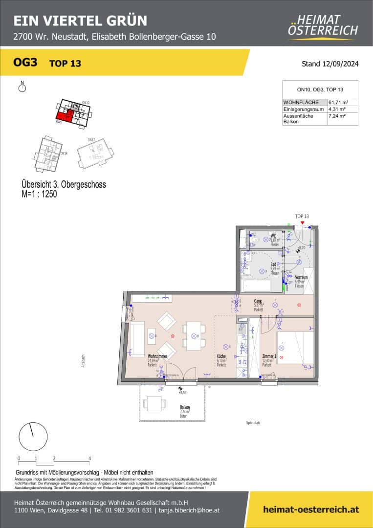 First occupancy "ein viertel grün" in Wr. Neustadt - two room apartment with balcony on the 3rd floor,