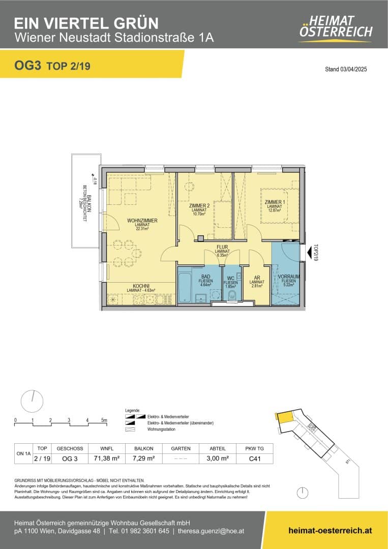 Subsidized new build in „ein viertel grün“ Wiener Neustadt, 3 room dream apartment with balcony and high end fittings