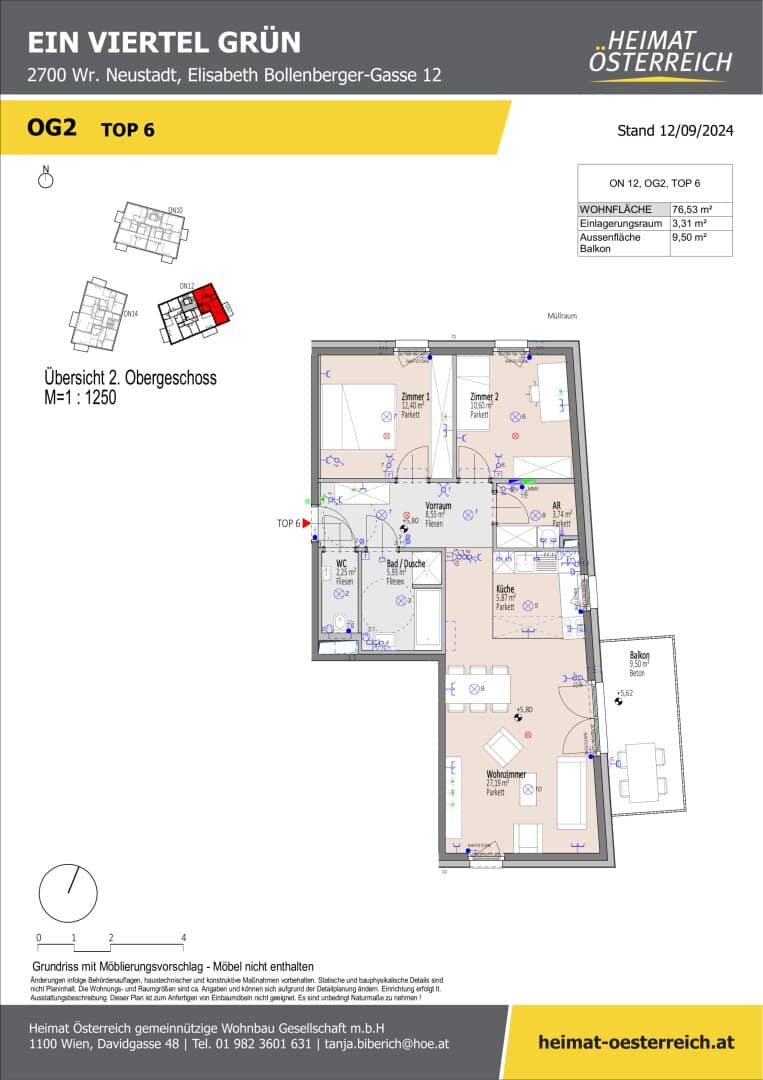 First occupancy ein viertel grün in Wiener Neustadt exclusive 3 room apartment on the 2nd floor with balcony