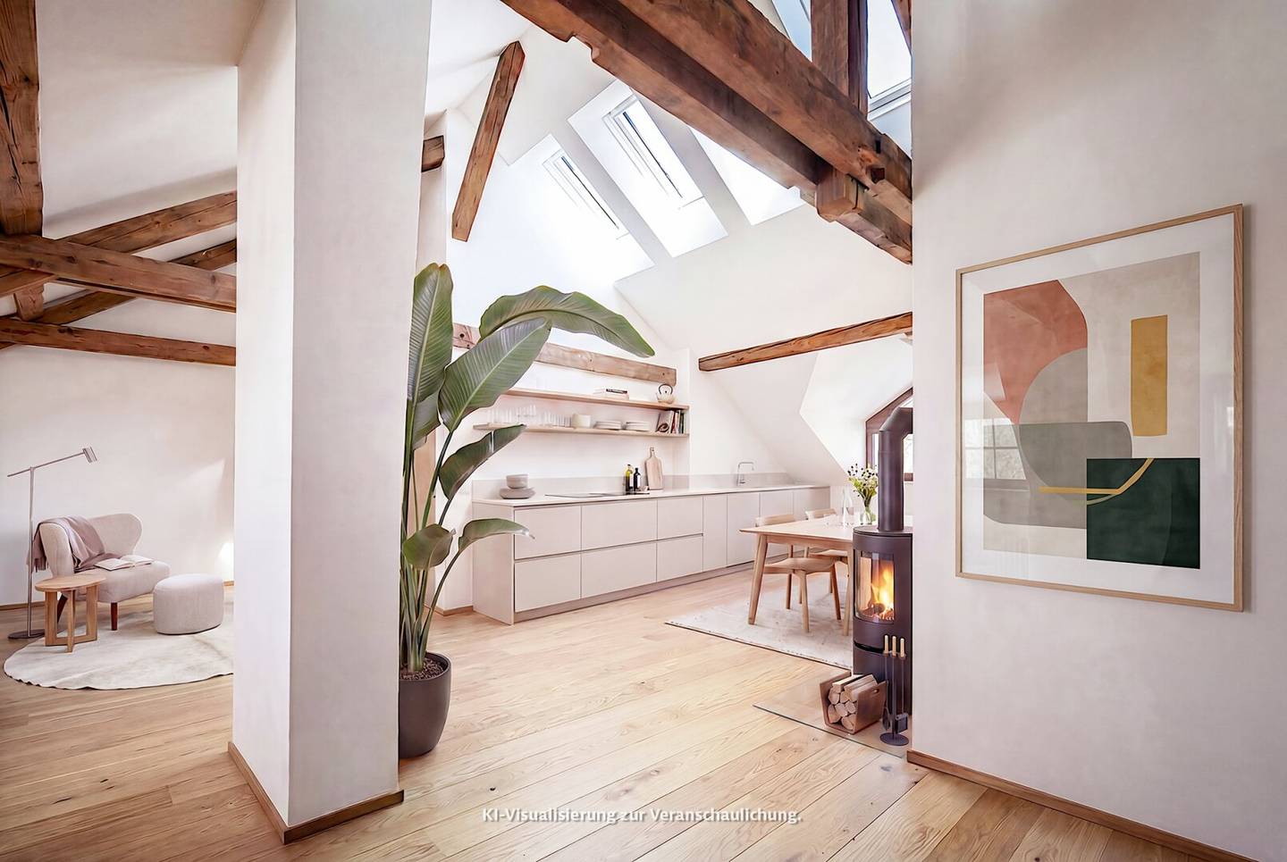 Loftatelier mit West Loggia und historischem Dachstuhl | TOP 04, 3-Zimmer-Atelier im Dachgeschoss der Villa Haueis im Zentrum von Zams Tirol