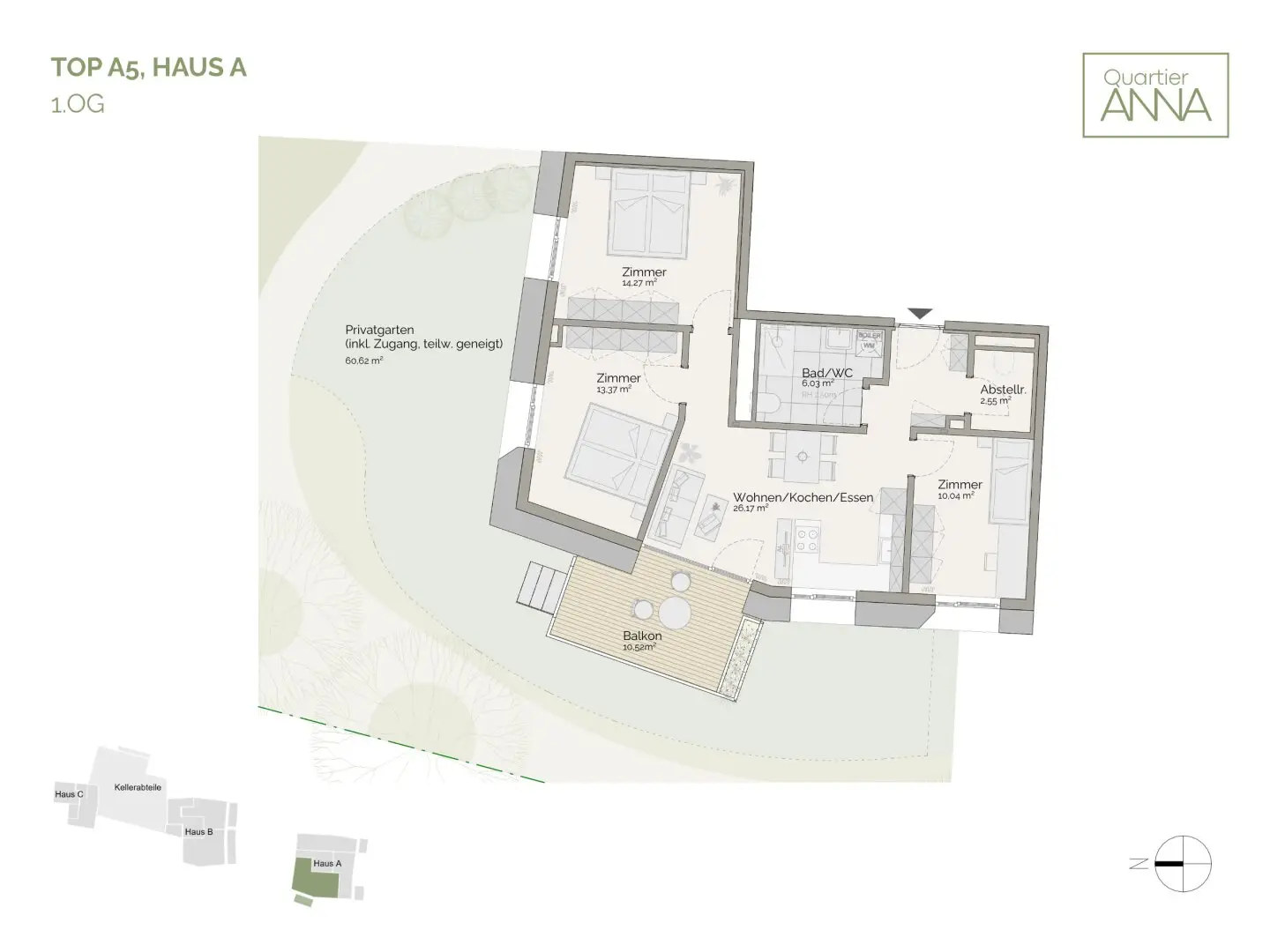 Provisionsfrei: 4-Zimmer-Wohnung mit 60 m² Garten & Balkon | ca. 72 m² | Quartier Anna