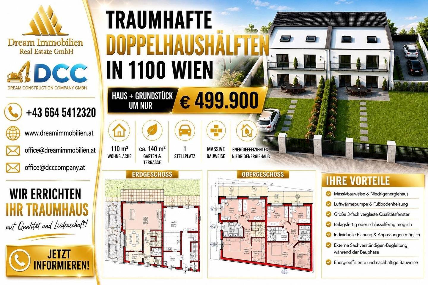 Traumhafte Doppelhaushälfte (schlüsselfertig) mit Garten & Terrasse in Wien 1100 – Neubau um nur € 499.900