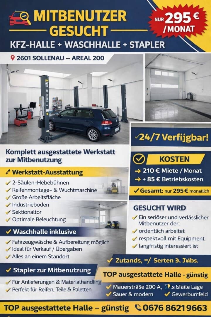 Mitbenutzer gesucht!!! Große Halle, Werkstatt mit Lichtkuppel, Sektionaltor 5m breit, 4,10m hoch und WC, inkl. PKW Parkplatz und 2 Hebebühnen