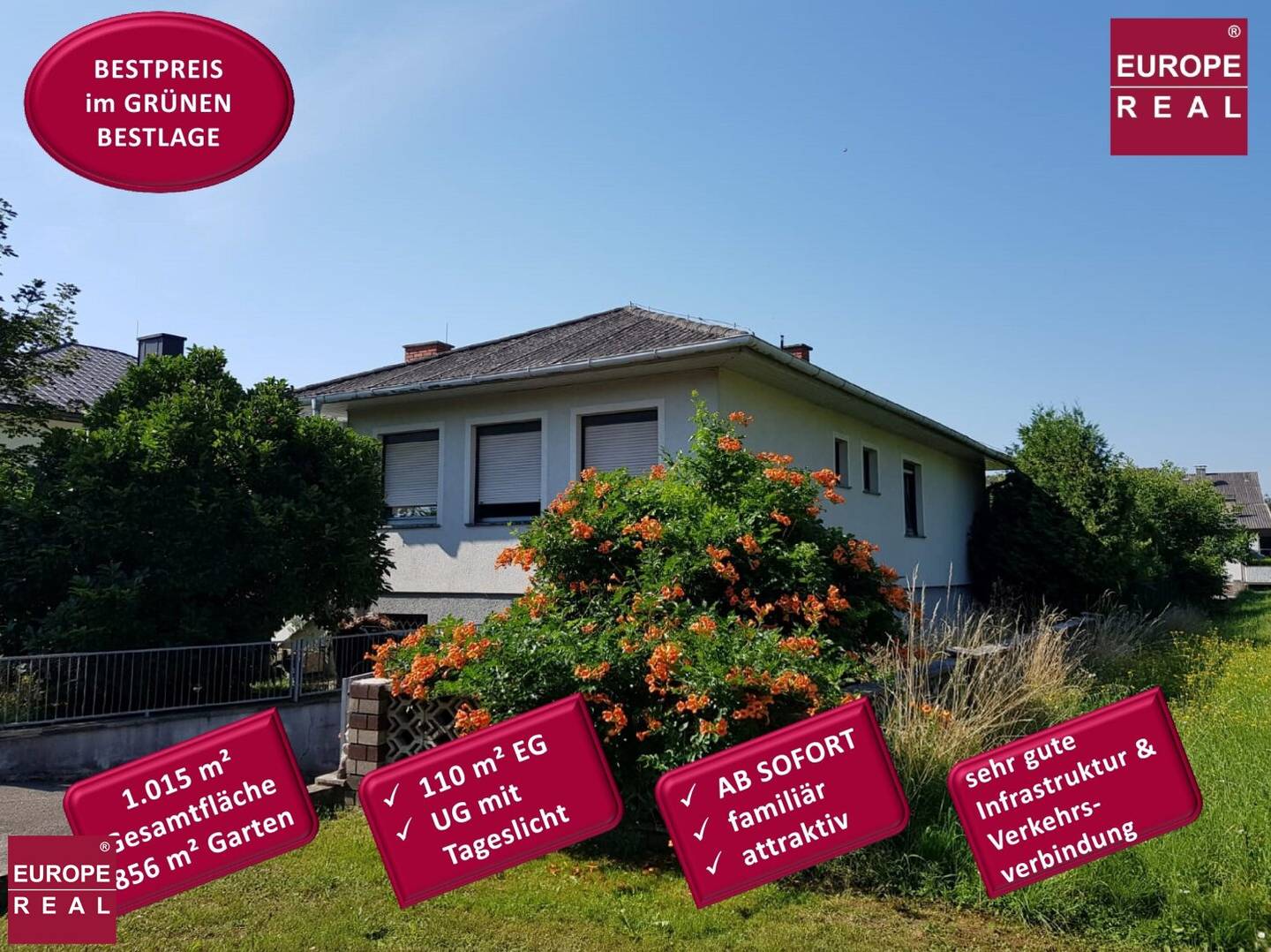 225 m² Zentrales Einfamilienhaus (115 m² Erdgeschoss + 110 m² Untergeschoss), 1.015 m² Grundstücksfläche, Kellergeschoss mit direktem Tageslicht