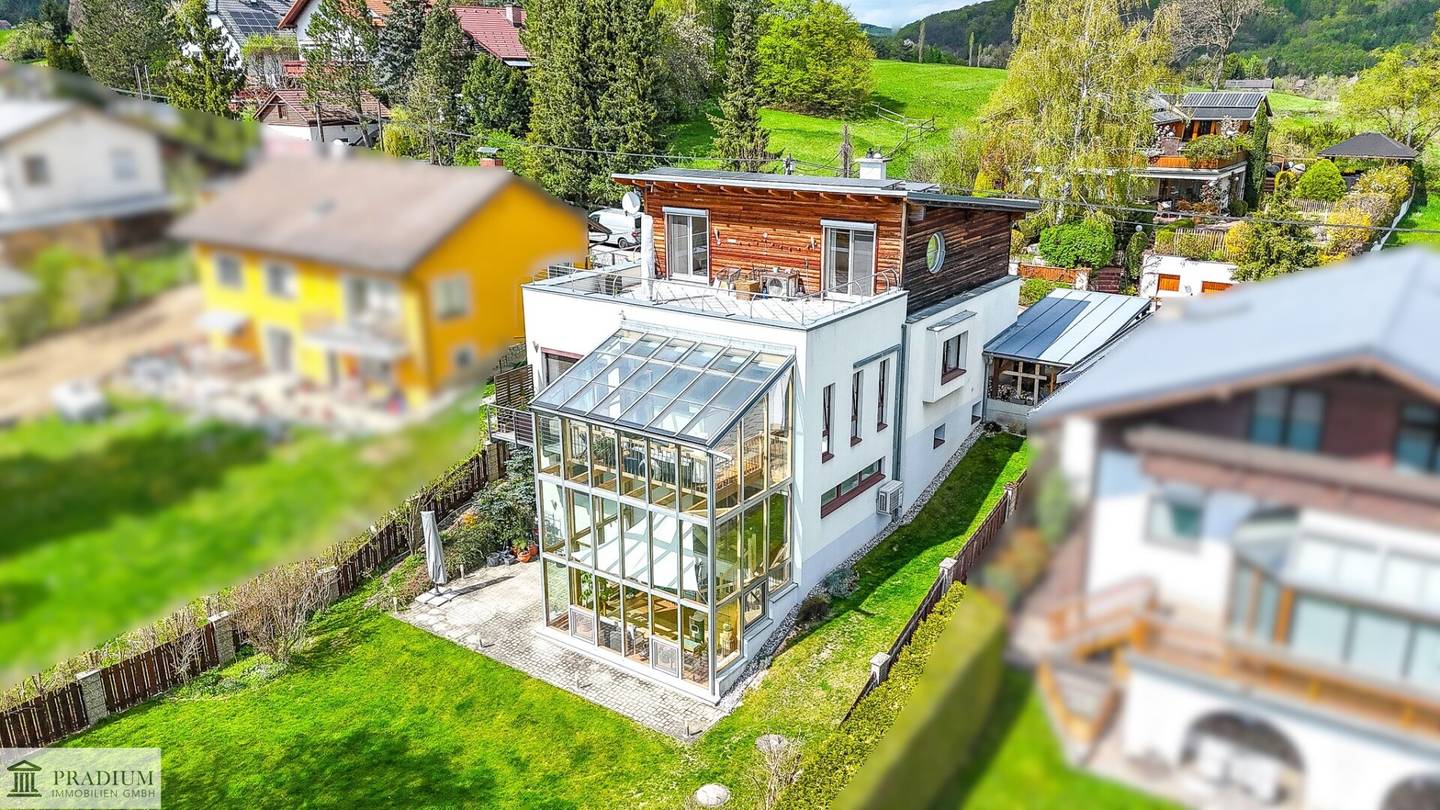 Einzigartiges Zuhause (345 m² Nfl.) mit Wintergarten, Naturteichen & Fernblick im Wienerwald