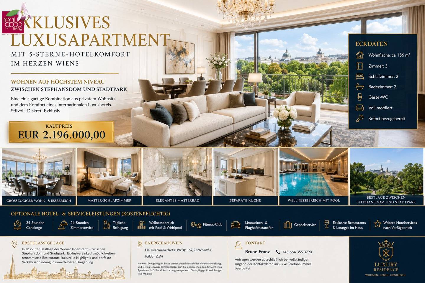 Exklusives Luxusapartment mit 5-Sterne-Hotelkomfort im Herzen Wiens ! ++  Wellness und Conciergeservice, Voll möbliert