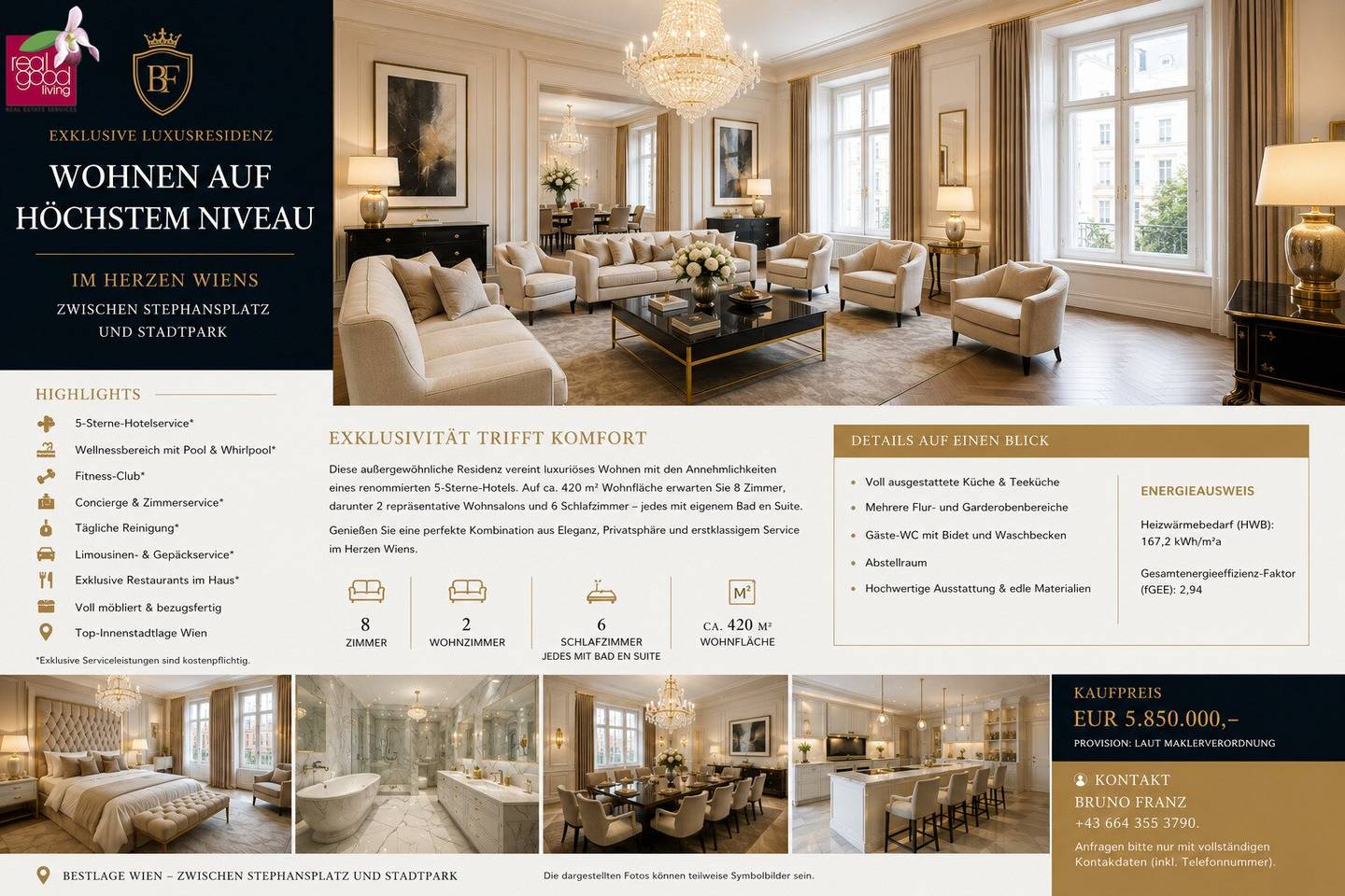 Luxusresidenz mit 420 m² im 5-Sterne-Hotel,8 Zimmer, 6 Schlafzimmer mit Bad en Suite + Concierge & Wellness in Top-Lage von Wien !!