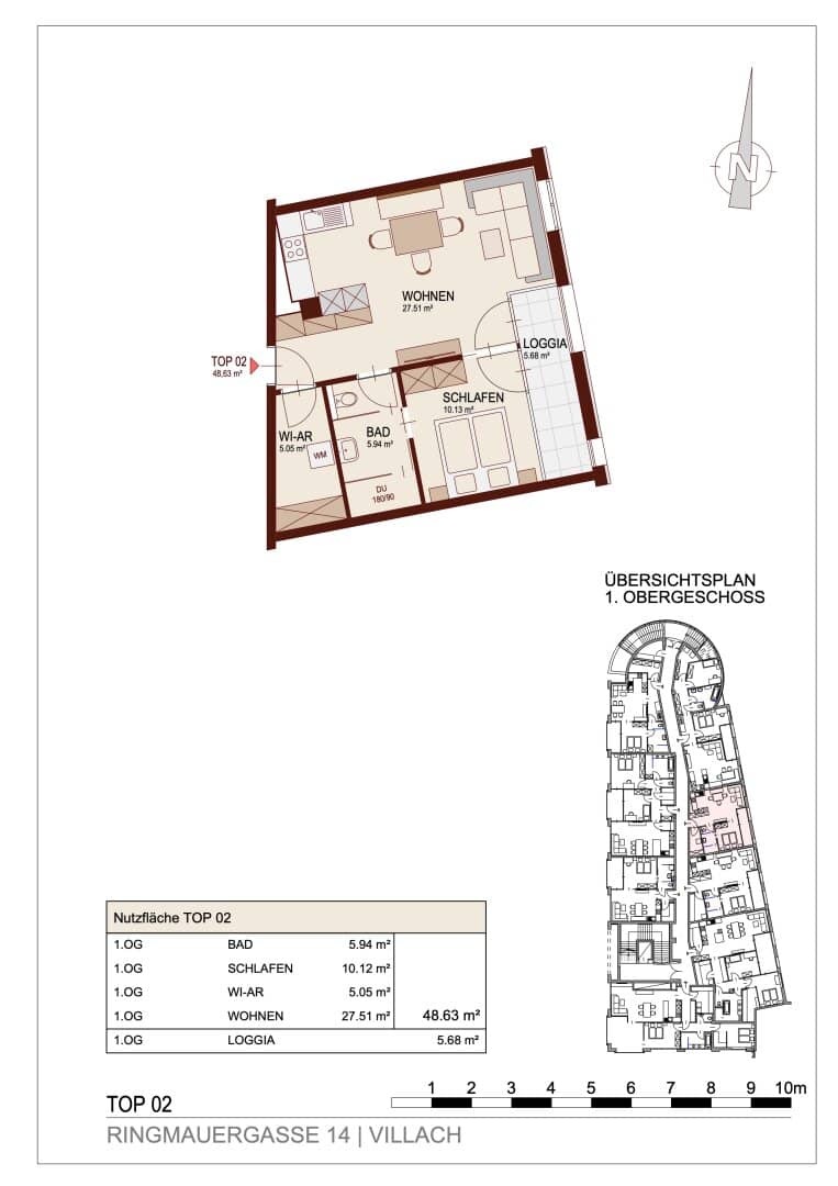 Moderne 2-Zi-Wohnung mit Loggia in Villach – Erstbezug, Aufzug, 48m²