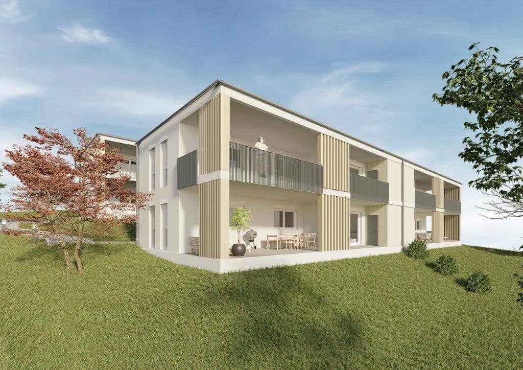 Moderne Neubauwohnung mit überdachter Terrasse im Grünen