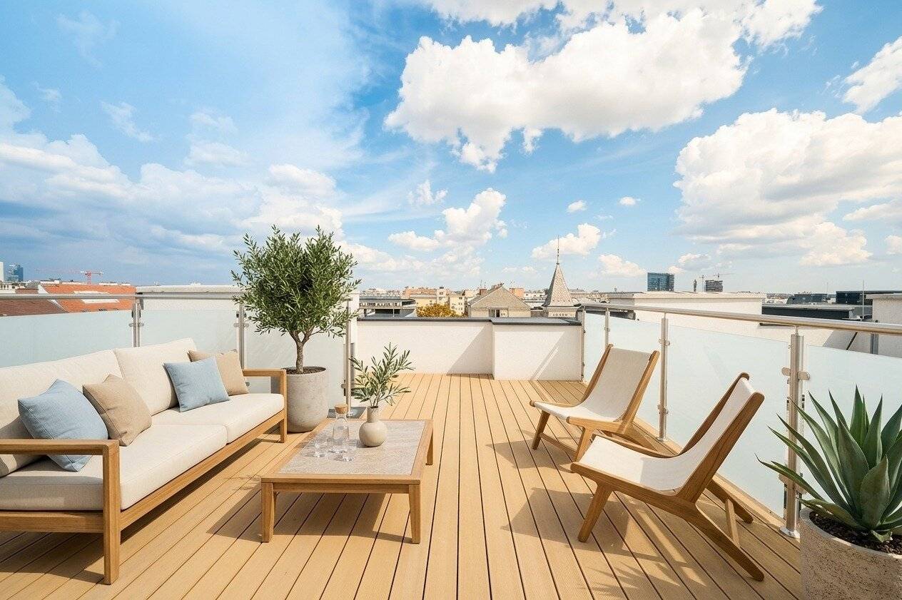 Über den Dächern des Stuwerviertels: elegante 3-Zimmer-Dachgeschosswohnung mit privater Dachterrasse nahe Prater