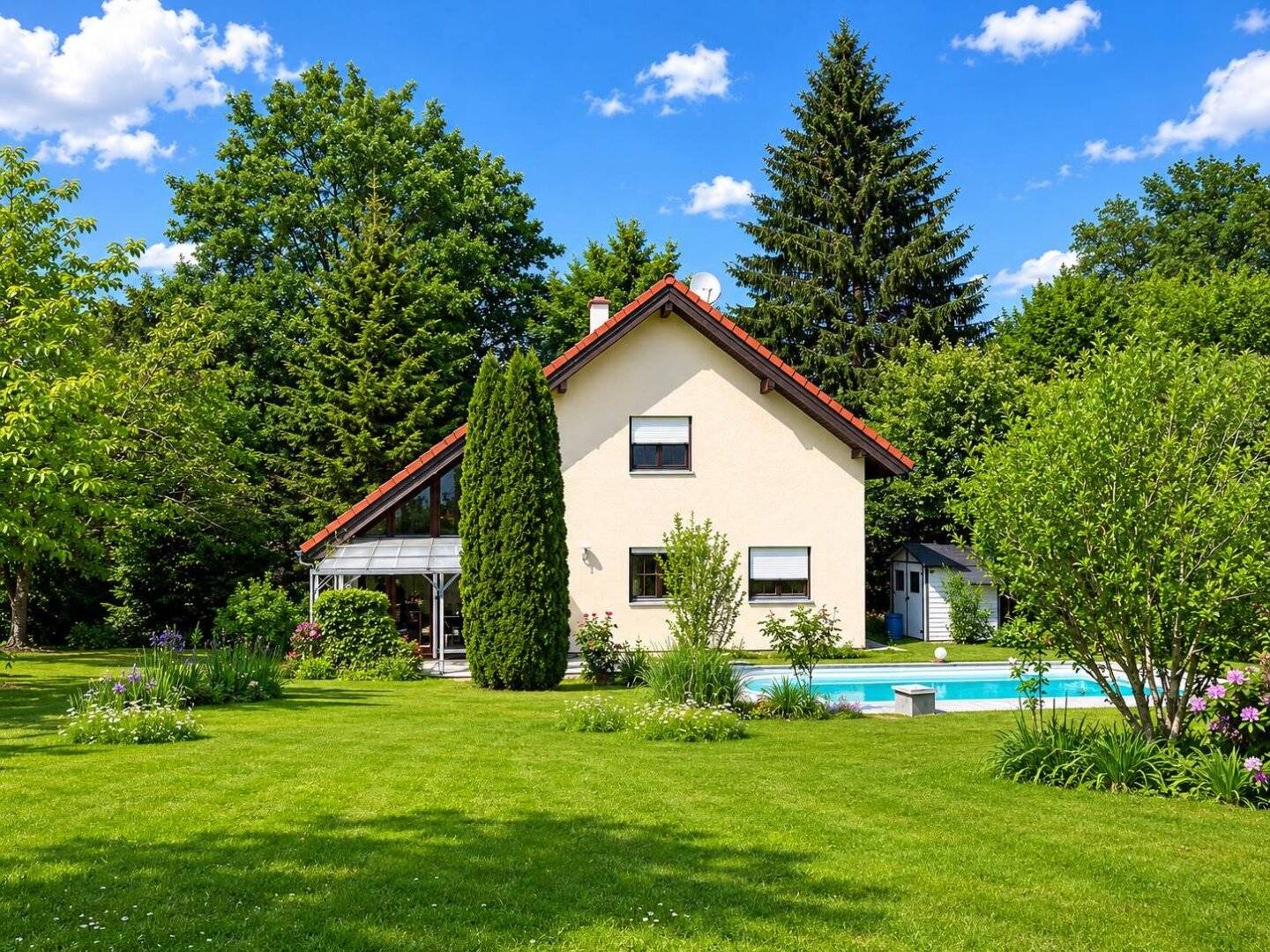 Familienidylle & Paradies in absoluter Ruhelage mit Pool, Wintergarten und Naturteich!