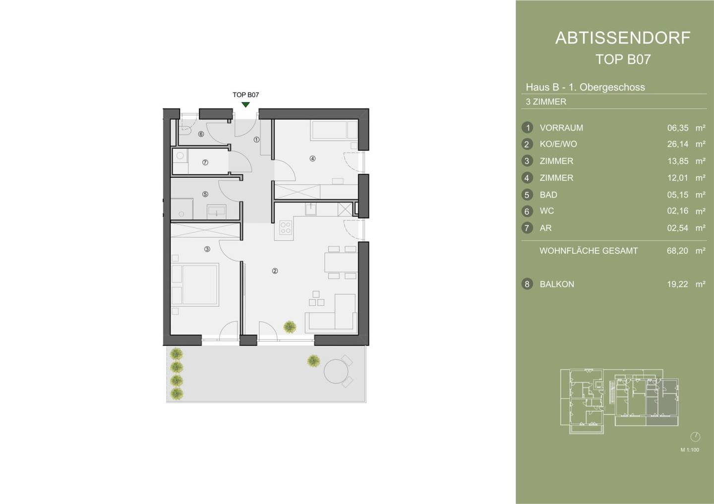 Exklusives Neubauprojekt im grünen Süden von Graz. TOP B07 – 3-Zimmer-Wohnung mit weitläufigem Balkon (reserviert)