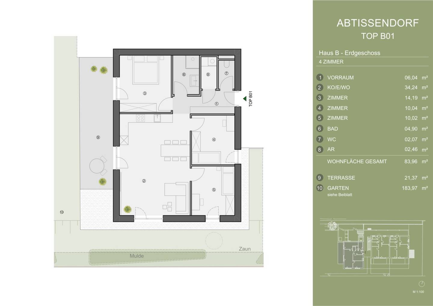 Exklusives Neubauprojekt im grünen Süden von Graz. TOP B01 – 4-Zimmer-Gartenwohnung mit großzügigem Grundriss und über 180 m² Privatgarten (reserviert)