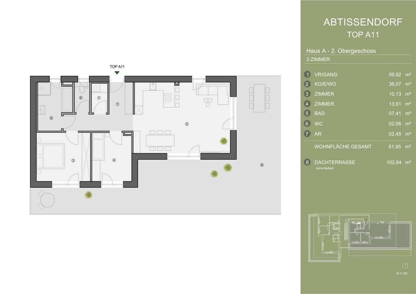 Exklusives Neubauprojekt im grünen Süden von Graz. TOP A11 – Penthouse mit über 100 m² Dachterrasse, großzügigem Wohnbereich und Weitblick (reserviert)